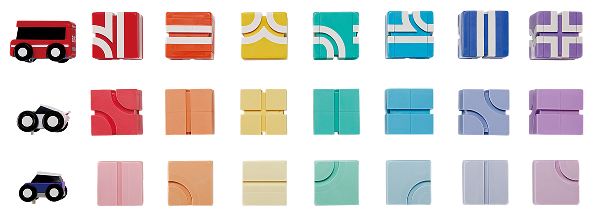 Contenido del set Qbi Creator: 24 cubos magnéticos + 3 mini autos incluidos